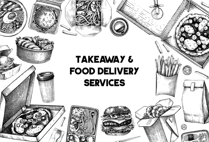 Food delivery banner. Hand drawn vector illustration. Vintage style. Takeaway food background, takeout food in paper box, fast food menu design. Pizza, burger, coffee, noodles, poke, sushi sketch